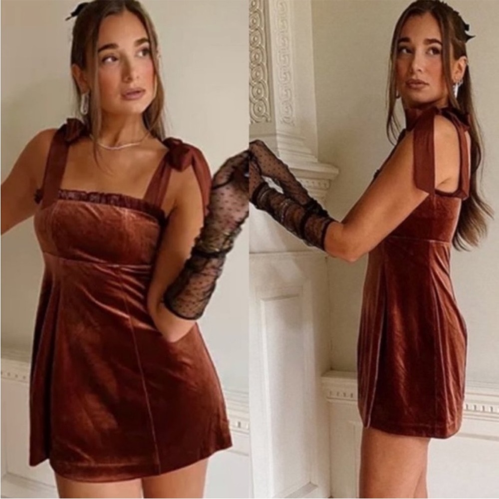 Danielle Bernstein Velvet Mini Dress Brown Bow Strap Holiday Party S